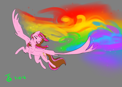 Size: 1400x1000 | Tagged: safe, artist:joan-grace, oc, oc only, pegasus, pony, flying, gray background, pegasus oc, rainbow trail, signature, simple background, solo, wings