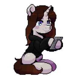 Size: 640x640 | Tagged: safe, artist:hikkage, oc, oc only, oc:spipples, pony, unicorn, animated at source, blushing, cellphone, clothes, cute, freckles, hoodie, looking at you, phone, smartphone, solo