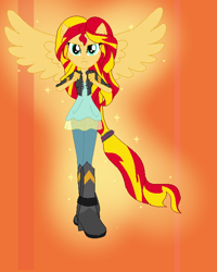 Size: 532x664 | Tagged: safe, artist:aonairfaol, sunset shimmer, alicorn, equestria girls, g4, alicornified, base used, boots, clothes, dress, female, gradient background, ponied up, race swap, shimmercorn, shoes, solo, spread wings, wings