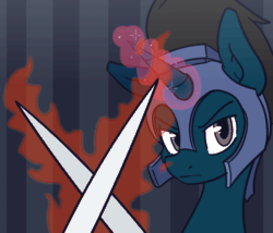 Size: 1400x1200 | Tagged: safe, artist:nova rain, oc, oc only, oc:slashing prices, pony, unicorn, animated, armor, blinking, bust, colored hooves, eyebrows, fire, futhark, gif, glowing horn, grin, helmet, horn, looking at you, magic, royal guard, royal guard armor, runes, simple background, smiling, sparkles, sword, unicorn oc, weapon