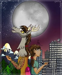 Size: 1092x1330 | Tagged: safe, artist:diamond06mlp, oc, oc only, draconequus, human, building, clothes, dark skin, draconequus oc, duo, female, full moon, moon, mountain, night, stars