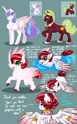 Size: 2834x4574 | Tagged: safe, artist:schokocream, princess flurry heart, oc, oc:black twig apple, oc:radiant ruby, alicorn, pony, g4, female, filly, freckles, male, mare, offspring, offspring's offspring, parent:big macintosh, parent:cheerilee, parent:oc:black twig apple, parent:princess flurry heart, parents:canon x oc, parents:cheerimac, reference sheet, stallion, story included