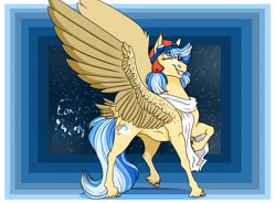 Size: 3186x2350 | Tagged: safe, artist:inisealga, oc, oc only, oc:easy breezy, pegasus, pony, abstract background, aviator goggles, clothes, female, goggles, hat, high res, mare, pegasus oc, scarf, solo, spread wings, wing fluff, wings