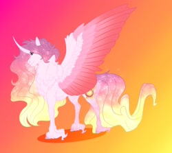 Size: 2026x1804 | Tagged: safe, artist:inisealga, princess celestia, alicorn, pony, g4, abstract background, alternate design, curved horn, female, gradient background, horn, mare, redesign, solo, spread wings, wings