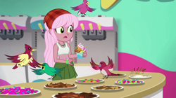Size: 800x448 | Tagged: safe, edit, edited screencap, screencap, raspberry lilac, bird, equestria girls, equestria girls series, g4, tip toppings, tip toppings: fluttershy, spoiler:choose your own ending (season 2), spoiler:eqg series (season 2), animal, bandana, belly button, candy, clothes, cup, eating, female, flying, food, froyo, frozen yogurt, frozen yogurt machine, frozen yogurt shop, gummy worm, jewelry, midriff, necklace, shirt, shocked, sleeveless, sleeveless shirt, solo, sports bra, table, tank top, toppings