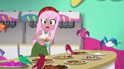 Size: 799x449 | Tagged: safe, edit, edited screencap, screencap, raspberry lilac, bird, human, equestria girls, g4, my little pony equestria girls: choose your own ending, tip toppings, tip toppings: fluttershy, animal, bandana, belly button, candy, clothes, cup, eating, female, food, frozen yogurt, frozen yogurt machine, frozen yogurt shop, gummy worm, jewelry, looking around, midriff, necklace, shirt, shocked, sleeveless, sleeveless shirt, sports bra, table, tank top, toppings