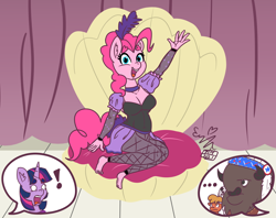 Size: 2400x1900 | Tagged: safe, artist:erynerikard, chief thunderhooves, little strongheart, pinkie pie, twilight sparkle, bison, buffalo, earth pony, unicorn, anthro, plantigrade anthro, g4, over a barrel, season 1, ..., barefoot, breasts, burlesque, cleavage, clothes, dress, exclamation point, feet, puffy sleeves, saloon dress, saloon pinkie, unicorn twilight, varying degrees of do not want, you gotta share