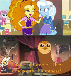 Size: 2044x2168 | Tagged: safe, edit, editor:ktd1993, adagio dazzle, sweetie belle, trixie, bird, demon, owl, titan, equestria girls, g4, my little pony equestria girls: rainbow rocks, spoiler:the owl house, bug demon, collar, crossover, female, high res, hooty, house demon, king clawthorne, lesbian, meme, pet tag, shipper on deck, shipping, skull, spoilers for another series, the owl house, triagio