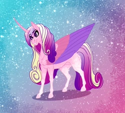 Size: 1868x1680 | Tagged: safe, artist:inisealga, princess cadance, alicorn, pony, g4, abstract background, coat markings, colored wings, concave belly, curved horn, female, folded wings, gradient background, horn, large wings, mare, socks (coat markings), solo, sparkly background, wings