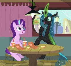 Size: 1280x1183 | Tagged: safe, artist:mr100dragon100, queen chrysalis, starlight glimmer, changeling, changeling queen, pony, unicorn, g4, a better ending for chrysalis, burger, eating, female, food, hay burger, reformed, reformed villain, restaurant, what if