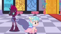 Size: 1249x704 | Tagged: safe, artist:swiftgaiathebrony, cozy glow, fizzlepop berrytwist, tempest shadow, pegasus, pony, unicorn, g4, choker, clothes, dress, duo, female, filly, gala dress, horn, mare, pretty pretty tempest, tempest gets her horn back