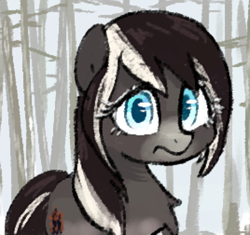 Size: 536x504 | Tagged: safe, artist:anonymous, oc, oc only, oc:pine ponder, pony, yakutian horse, blue eyes, forest, looking at you, snow mare, solo, tree, worried