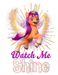 Size: 700x900 | Tagged: safe, sunny starscout, alicorn, earth pony, pony, g5, my little pony: a new generation, official, spoiler:g5, spoiler:my little pony: a new generation, alicornified, artificial wings, augmented, badge, bag, cropped, design, female, flying, horn, looking at you, magic, magic horn, magic wings, mare, merchandise, race swap, satchel, shadow, shirt design, simple background, solo, sparkles, sunnycorn, text, transparent background, wings