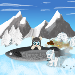 Size: 2160x2160 | Tagged: safe, artist:limitmj, oc, oc only, fish, pony, yakutian horse, duo, female, filly, foal, high res, igloo, mountain, snow mare, tree, village