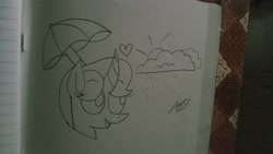 Size: 4160x2352 | Tagged: safe, artist:muhammad yunus, spring rain, pony, unicorn, g4, cloud, heart, monochrome, open mouth, photo, solo, sun, traditional art