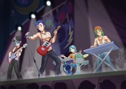 Size: 12216x8640 | Tagged: safe, artist:thebrokencog, brawly beats, flash sentry, ringo, sandalwood, human, cheer you on, equestria girls, g4, spoiler:eqg series (season 2), belly button, clothes, drum kit, drum set, drums, drumsticks, electric guitar, flash drive (band), group, guitar, handsome, keyboard, mc sandalwood, microphone, microphone stand, musical instrument, partial nudity, quartet, sfw commissions, shirtless flash sentry, stupid sexy flash sentry, topless