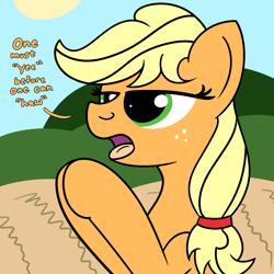 Size: 2000x2000 | Tagged: safe, artist:dafiltafish, applejack, earth pony, pony, g4, high res, outdoors, solo, text, tongue out, wisdom, yeehaw