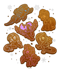 Size: 750x900 | Tagged: safe, applejack, fluttershy, pinkie pie, rainbow dash, rarity, twilight sparkle, alicorn, earth pony, pegasus, pony, unicorn, g4, official, applejack's hat, christmas, cookie, cowboy hat, cropped, design, female, flying, food, gingerbread (food), hat, holiday, mane six, mare, merchandise, shirt design, simple background, snow, snowflake, text, transparent background, twilight sparkle (alicorn)