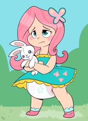 Size: 1494x2048 | Tagged: safe, artist:cuddlehooves, fluttershy, human, blush sticker, blushing, clothes, diaper, dress, humanized, plush bunny, plushie, poofy diaper, rattle, toddler, young