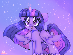Size: 4000x3000 | Tagged: safe, artist:bunxl, twilight sparkle, alicorn, pony, g4, :3, abstract background, anime, cute, floppy ears, high res, open mouth, smiling, solo, sparkles, spread wings, starry eyes, stars, twiabetes, twilight sparkle (alicorn), wingding eyes, wings