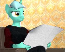 Size: 1358x1080 | Tagged: safe, artist:backmaker, lyra heartstrings, unicorn, anthro, g4, 3d, crossover, down beat bear, meme, newspaper, ponified meme, reference, solo, source filmmaker, tom and jerry, tom reading the newspaper