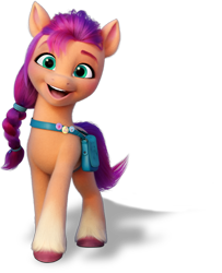 Size: 556x686 | Tagged: safe, sunny starscout, earth pony, pony, g5, my little pony: a new generation, official, badge, bag, female, looking at you, mare, satchel, shadow, simple background, solo, stock render, transparent background