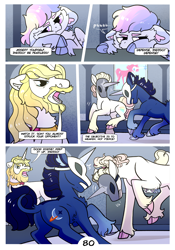 Size: 2100x3000 | Tagged: safe, artist:loryska, prince blueblood, oc, oc:indigo sky, oc:ipomoea (loryska), oc:marshmallow kiss, pegasus, pony, unicorn, comic:friendship grows, g4, beard, facial hair, high res, magical lesbian spawn, mask, offspring, older, parent:trixie, parent:twilight sparkle, parents:twixie