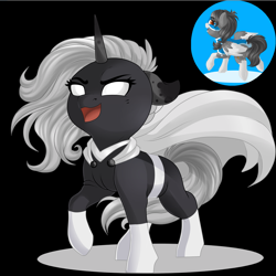 Size: 2834x2834 | Tagged: safe, artist:schokocream, oc, oc only, pony, unicorn, black background, coat markings, duo, high res, horn, open mouth, raised hoof, simple background, smiling, socks (coat markings), unicorn oc, white eyes