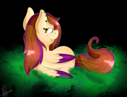 Size: 1103x840 | Tagged: safe, artist:milledpurple, oc, oc only, pegasus, pony, black background, ear piercing, lying down, pegasus oc, piercing, prone, signature, simple background, smiling, two toned wings, wings