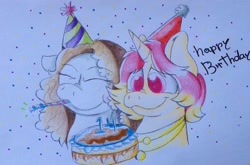 Size: 960x634 | Tagged: safe, artist:milledpurple, earth pony, pony, unicorn, bust, cake, eyes closed, food, happy birthday, hat, party hat, party horn, simple background, smiling, traditional art, white background