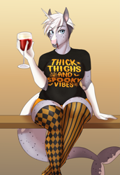 Size: 2209x3218 | Tagged: safe, artist:askbubblelee, oc, oc only, oc:trots n socks, sea pony, anthro, anthro oc, breasts, clothes, digital art, female, glass, gradient background, halloween, high res, holiday, ponysona, shirt, solo, stockings, thigh highs, thighs, thunder thighs, wine glass