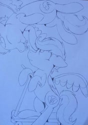 Size: 680x960 | Tagged: safe, artist:milledpurple, scootaloo, pegasus, pony, g4, duo, eyes closed, female, flower, flower in mouth, flying, lineart, looking up, mare, mouth hold, nose wrinkle, scooter, shipping, traditional art, wings