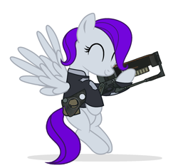 Size: 1488x1403 | Tagged: safe, artist:housston, oc, oc only, oc:morning glory (project horizons), pegasus, pony, fallout equestria, fallout equestria: project horizons, aer-14, aer-14 prototype, clothes, commission, energy weapon, fallout, fanfic art, female, gun, laser rifle, mare, simple background, weapon, white background, ych result