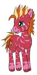 Size: 1200x2400 | Tagged: safe, artist:multiverseequine, derpibooru exclusive, oc, oc only, oc:rocket, hybrid, pony, zony, colored, colored muzzle, colt, daybreak island, full body, male, simple background, smiling, solo, stripes, teenager, transparent background, two toned mane, unshorn fetlocks, zony oc