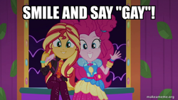 Size: 800x450 | Tagged: safe, edit, edited screencap, screencap, pinkie pie, sunset shimmer, equestria girls, equestria girls specials, g4, my little pony equestria girls: better together, my little pony equestria girls: sunset's backstage pass, caption, clothes, female, image macro, implied lesbian, implied shipping, implied sunsetpie, text, waving