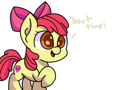 Size: 2802x2000 | Tagged: safe, artist:exoticeon, apple bloom, earth pony, pony, g4, dialogue, female, filly, high res, open mouth, open smile, raised hoof, simple background, smiling, solo, transparent background
