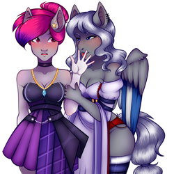 Size: 4000x4000 | Tagged: safe, artist:vetta, oc, earth pony, pegasus, anthro, blushing, breasts, choker, cleavage, clothes, dress, ear piercing, jewelry, licking, licking fingers, necklace, open mouth, piercing, tongue out