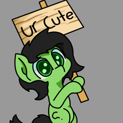 Size: 2000x2000 | Tagged: safe, artist:exoticeon, oc, oc only, oc:filly anon, earth pony, pony, bipedal, colored pupils, female, filly, gray background, high res, holding sign, looking at you, sign, simple background, solo, wide eyes