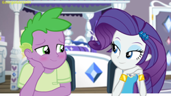 Size: 2160x1215 | Tagged: safe, artist:georgegarza01, rarity, spike, equestria girls, g4, blushing, female, human spike, in love, looking at each other, male, rarity peplum dress, ship:sparity, shipping, show accurate, straight