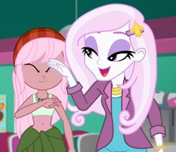 Size: 1164x1010 | Tagged: editor needed, safe, edit, screencap, fleur-de-lis, raspberry lilac, equestria girls, g4, my little pony equestria girls: choose your own ending, tip toppings, bandana, barrette, belly button, clothes, cropped, cute, duo, duo female, female, fleurabetes, frozen yogurt shop, jewelry, lidded eyes, midriff, necklace, open mouth, smiling, sports bra