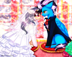 Size: 4000x3179 | Tagged: safe, artist:krissstudios, oc, oc only, earth pony, pegasus, pony, clothes, dress, female, male, mare, stallion, suit, wedding dress