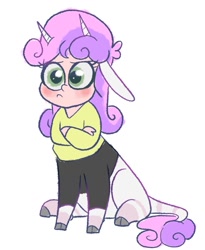 Size: 1147x1400 | Tagged: source needed, safe, artist:smirk, sweetie belle, bicorn, centaur, human, taur, g4, centaurified, clothes, cloven hooves, crossed arms, full body, horn, humanized, multiple horns, pouting, simple background, solo, species swap, white background