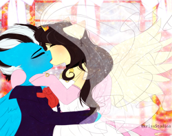 Size: 4000x3179 | Tagged: safe, artist:krissstudios, oc, oc only, earth pony, pegasus, pony, clothes, dress, female, kissing, male, mare, marriage, stallion, suit, wedding, wedding dress