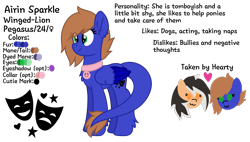 Size: 2000x1133 | Tagged: safe, artist:froyo15sugarblast, oc, oc:airin sparkle, oc:hearty felt, original species, pegasus, pony, airifelt, collar, female, implied lesbian, leonine tail, peace sign, simple background, theater masks, tomboy, trans female, transgender, transparent background, two toned wings, winged lion pegasus, wings