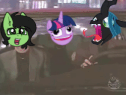 Size: 292x220 | Tagged: safe, artist:duop-qoub, edit, queen chrysalis, twilight sparkle, oc, oc:filly anon, alicorn, changeling, changeling queen, earth pony, pony, g4, animated, earth pony oc, edited gif, faic, fanfic art, female, filly, gif, night at the roxbury, open mouth, pudding face, what is love