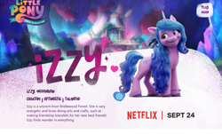 Size: 1515x916 | Tagged: safe, izzy moonbow, pony, unicorn, g5, my little pony: a new generation, official, bridlewood, female, mare, my little pony: a new generation logo, netflix logo, open mouth, open smile, smiling, solo, text