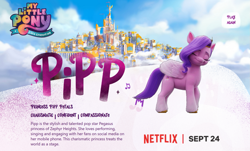 Size: 1517x916 | Tagged: safe, pipp petals, pegasus, pony, g5, my little pony: a new generation, official, eyes closed, female, mare, my little pony: a new generation logo, netflix logo, smiling, solo, text