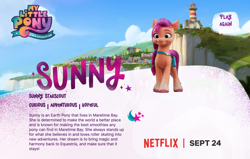 Size: 2192x1394 | Tagged: safe, sunny starscout, earth pony, pony, g5, my little pony: a new generation, official, female, mare, my little pony: a new generation logo, netflix logo, smiling, solo, text