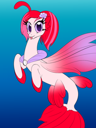 Size: 600x800 | Tagged: safe, artist:whitemagetifa, oc, oc only, seapony (g4), blue background, digital art, dorsal fin, eyelashes, female, fin wings, fins, fish tail, flowing tail, jewelry, looking at you, necklace, ocean, pearl necklace, pink eyes, red mane, seashell, simple background, solo, tail, tongue out, underwater, water, wings