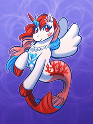 Size: 942x1261 | Tagged: safe, artist:ryokonokalo, oc, oc only, alicorn, merpony, pony, seapony (g4), starfish, blue background, curved horn, digital art, female, fin wings, fins, fish tail, flowing mane, flowing tail, horn, jewelry, mermaid tail, necklace, ocean, pearl necklace, red eyes, seaponified, simple background, smiling, solo, species swap, swimming, tail, underwater, water, wings